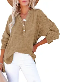 2026 Summer Hot Sale – 50% OFF🔥Womens Casual Gauze Button Neck Long Sleeve Oversized BlousesTops thumbnail 2
