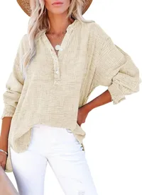 2026 Summer Hot Sale – 50% OFF🔥Womens Casual Gauze Button Neck Long Sleeve Oversized BlousesTops thumbnail 1