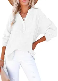 2026 Summer Hot Sale – 50% OFF🔥Womens Casual Gauze Button Neck Long Sleeve Oversized BlousesTops thumbnail 3