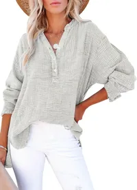 2026 Summer Hot Sale – 50% OFF🔥Womens Casual Gauze Button Neck Long Sleeve Oversized BlousesTops thumbnail 5