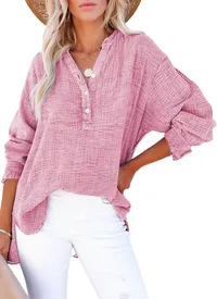 2026 Summer Hot Sale – 50% OFF🔥Womens Casual Gauze Button Neck Long Sleeve Oversized BlousesTops thumbnail 6
