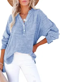 2026 Summer Hot Sale – 50% OFF🔥Womens Casual Gauze Button Neck Long Sleeve Oversized BlousesTops thumbnail 7