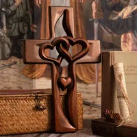 Hand-Carved Intertwined Hearts Wooden Cross thumbnail 1