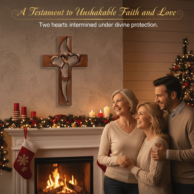 🔥Hand-Carved Intertwined Hearts Wooden Cross ❤️ Perfect Wedding & Anniversary Gift ✝️💞 thumbnail 2