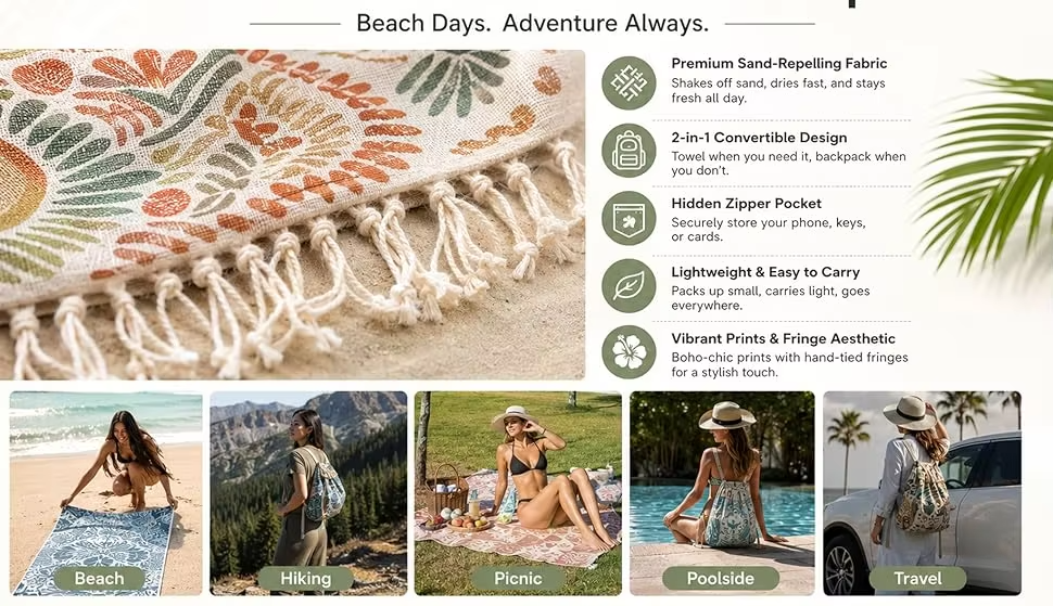 🔥🔥Hot Deal Summer SALE OFF UP TO 60%🔥🔥2-in-1 Towel Backpack with Zipper Pocket thumbnail 5