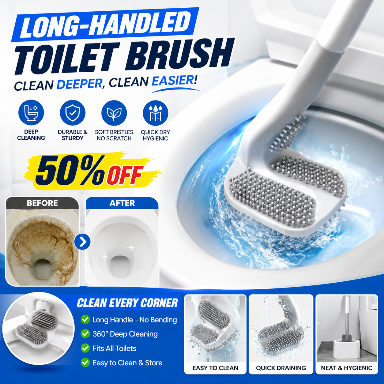 🚽✨50% OFF🔥 Long-Handled Toilet Brush — Clean Deeper Without Bending!✨🧼 - Image 1