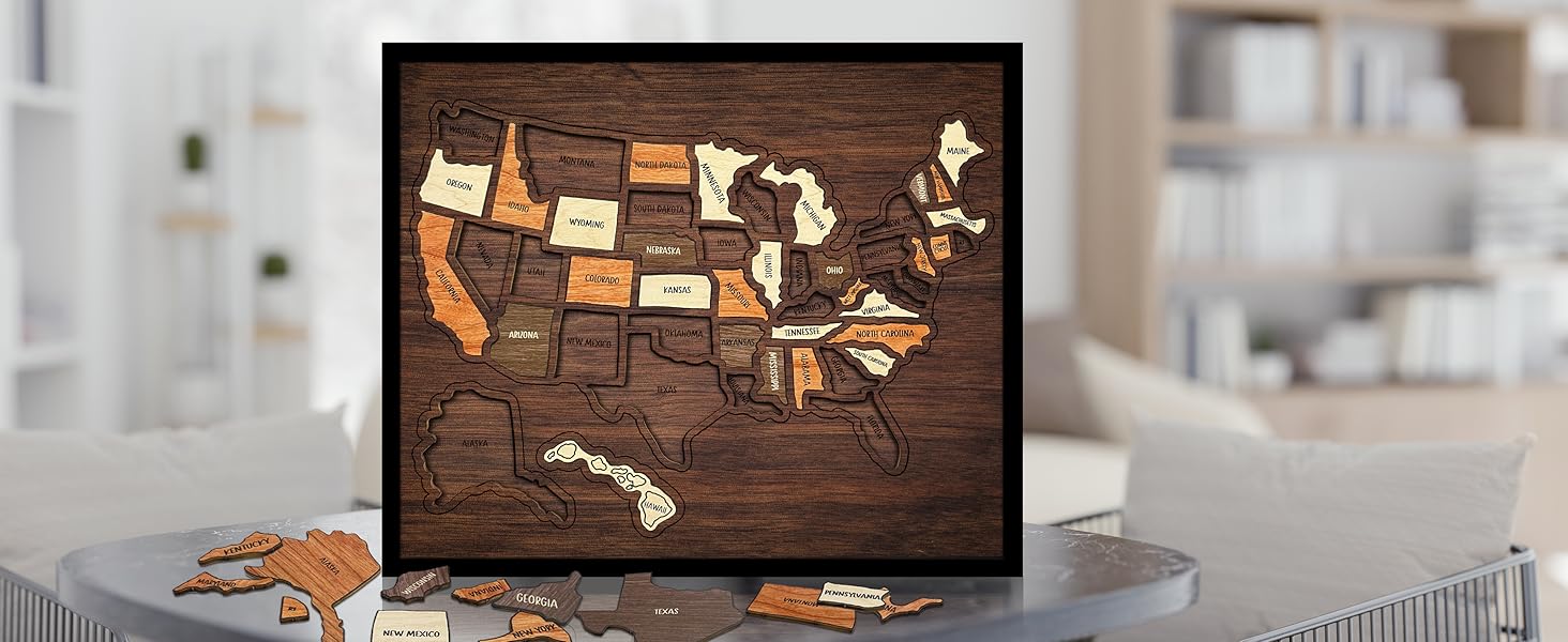 【Camdoor】Map Puzzle, Wooden USA Travel Map Puzzle, Anniversary Gift,Geography puzzle for kids, or Couples and FamiliPerfect Fes Gift, Record Your Journeys, Memory Maker, Home Decor, Travel tracker wall art, Analogue Bag, Unique gifts for travelers
