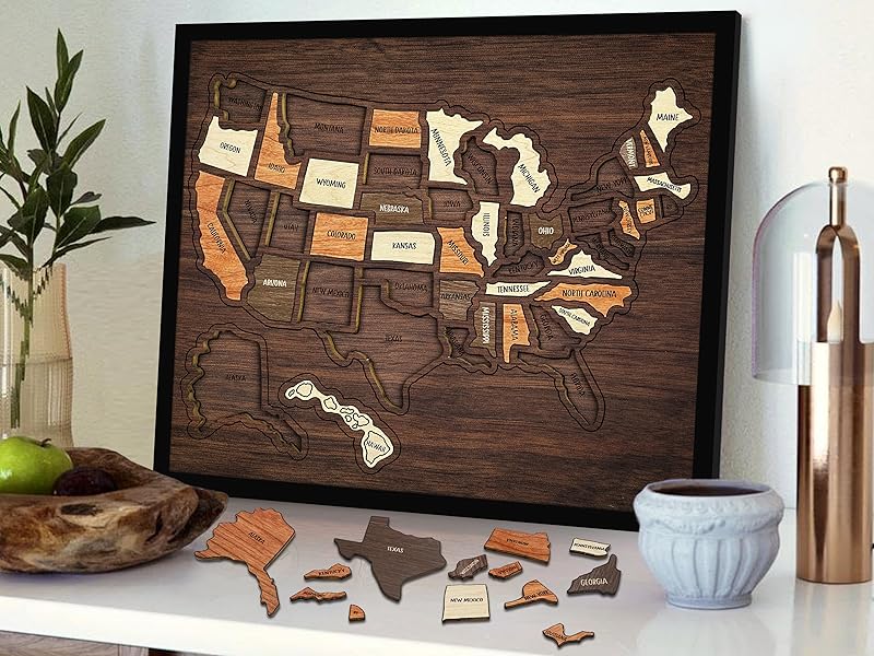 【Camdoor】Map Puzzle, Wooden USA Travel Map Puzzle, Anniversary Gift,Geography puzzle for kids, or Couples and FamiliPerfect Fes Gift, Record Your Journeys, Memory Maker, Home Decor, Travel tracker wall art, Analogue Bag, Unique gifts for travelers