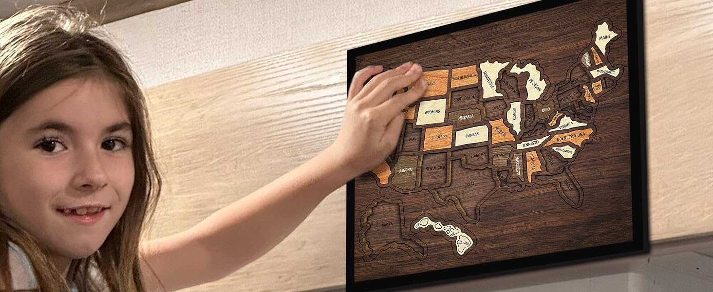 【Camdoor】Map Puzzle, Wooden USA Travel Map Puzzle, Anniversary Gift,Geography puzzle for kids, or Couples and FamiliPerfect Fes Gift, Record Your Journeys, Memory Maker, Home Decor, Travel tracker wall art, Analogue Bag, Unique gifts for travelers