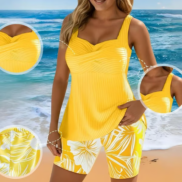 🔥👙Hot Deal Summer SALE OFF UP TO 60%🌊🔥 Two-piece Body Covering Surplice Tankini Printed Boxer Swimsuit thumbnail 21