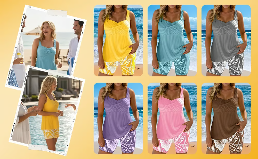 🔥👙Hot Deal Summer SALE OFF UP TO 60%🌊🔥 Two-piece Body Covering Surplice Tankini Printed Boxer Swimsuit thumbnail 5