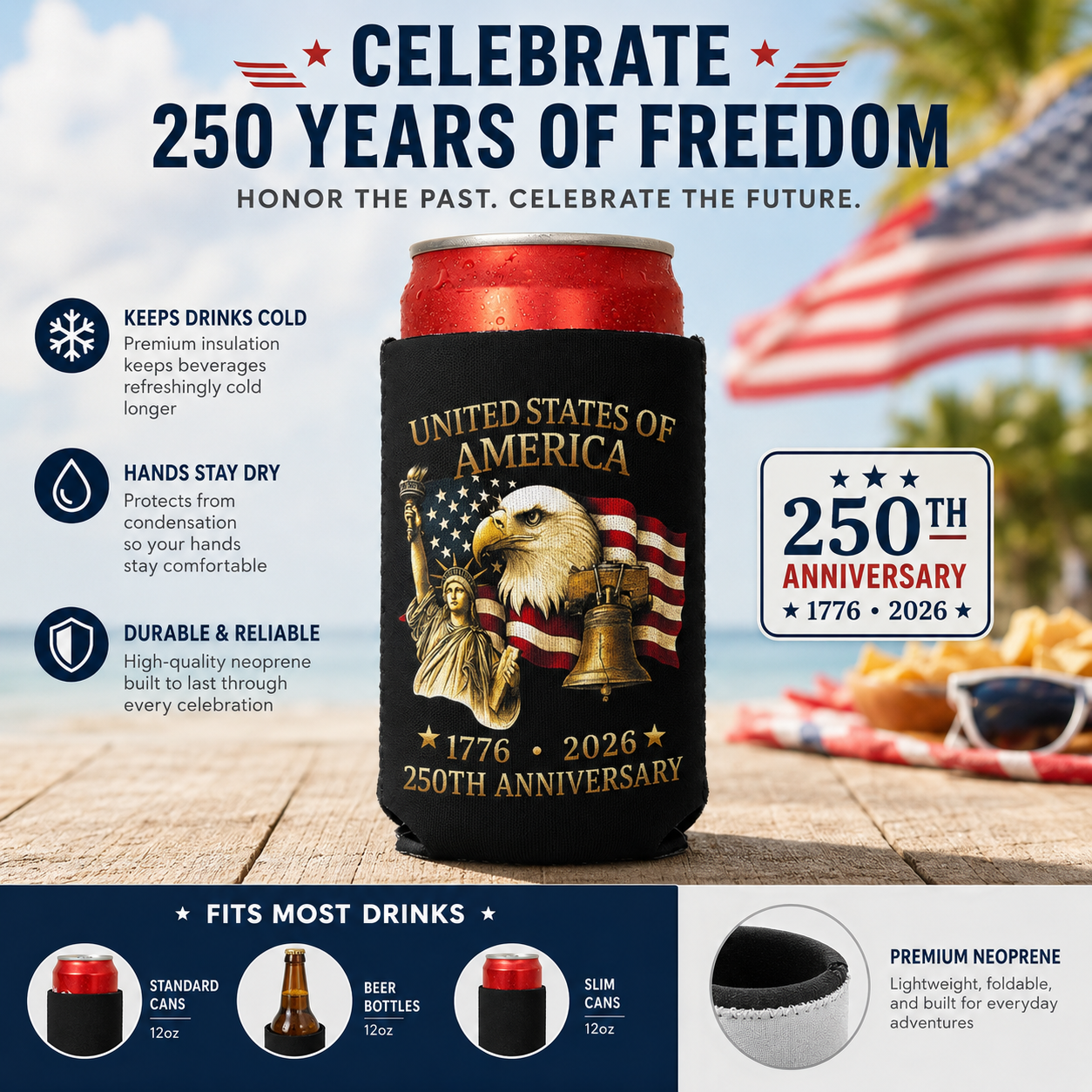 🔥 Hot Sale 59% OFF 4th Of July Usa 250th Anniversary - Can Cooler - Image 1