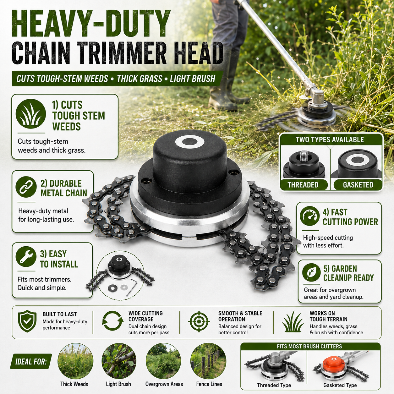🔥 Hot Sale 59% OFF 🌿 Heavy-Duty Chain Trimmer Head - 🪵 Cuts More Than Regular Grass - Image 1