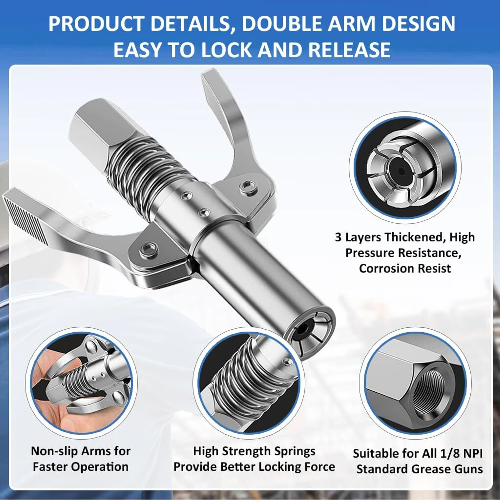 🔩✨ High Pressure Dual Handle Grease Gun Coupler with 360° Swivel for Automotive & Industrial Use 🚗⚙️ thumbnail 6