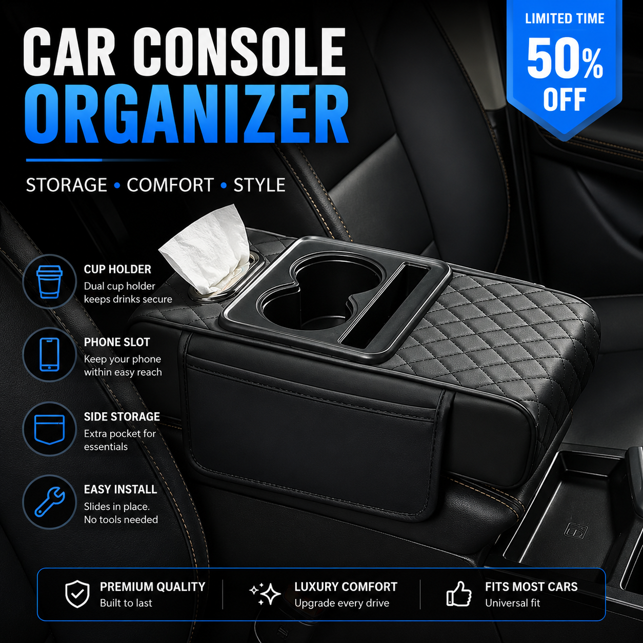 🔥 HOT DEAL — Save Up To 60% 🚗 Car Console Organizer – PU Leather Armrest, Side Storage, Cup Holder - Image 1