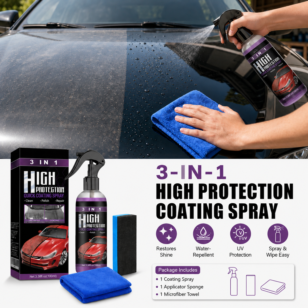 🚗 3 in 1 High Protection Quick Car Coating Spray - Image 1