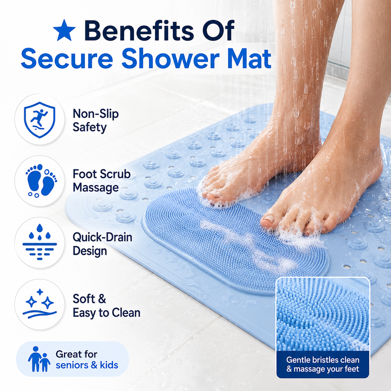 💧2 in 1 SafeStep Anti-Slip Shower Mat With Foot Scrubber 🚿🏆 Perfect For Seniors, Kids & Family Bathrooms - Image 1