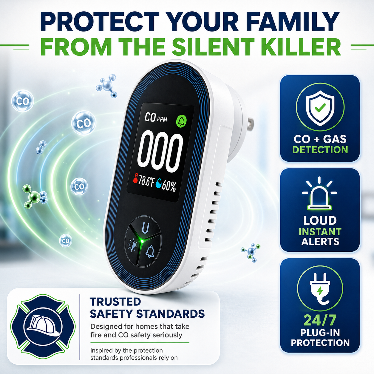 🔥SALE UP TO 60%🔥Protect Your Home From Invisible Gas Risks 🚨 SafeAir CO 4-in-1 Safety Detector - Image 1