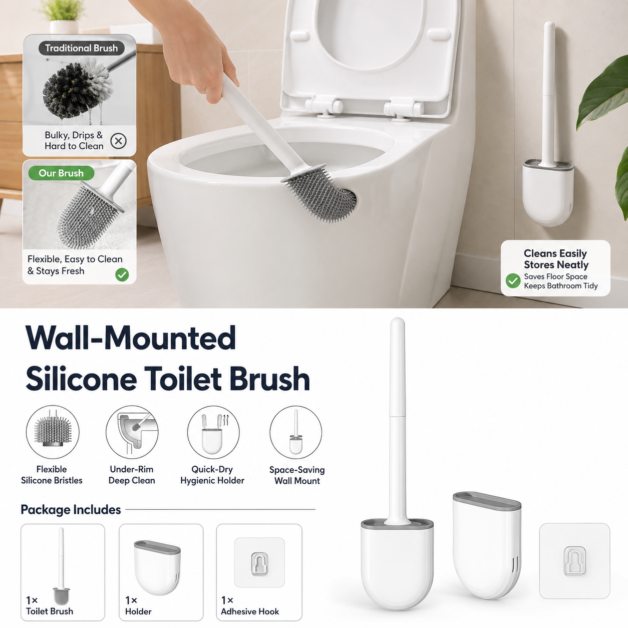 🚽 Wall-Mounted Silicone Toilet Brush | Curved Design for Deeper Cleaning - Image 1