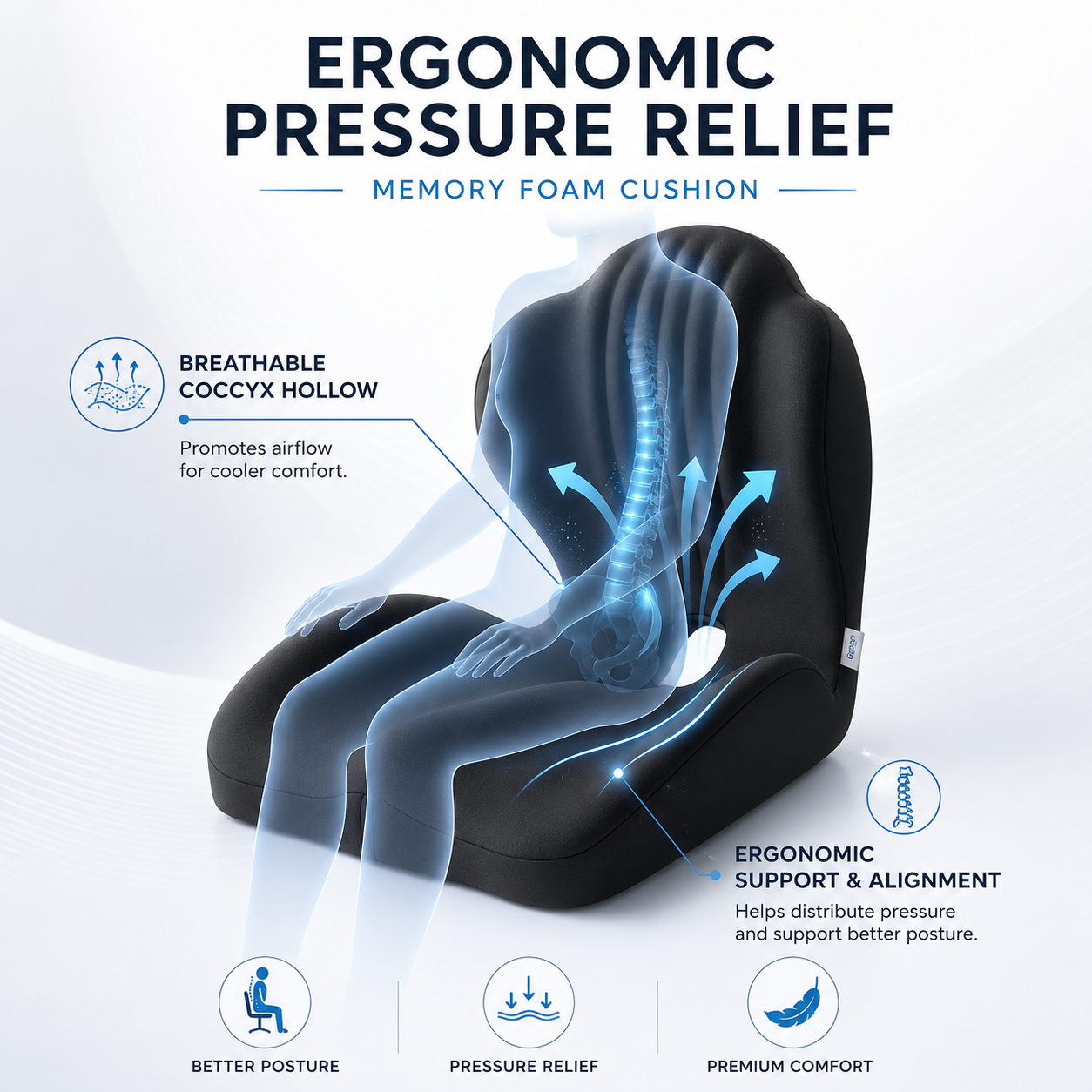 🪑 Ergonomic Memory Foam Seat Cushion — Comfort & Back Support for Office, Car & Daily Sitting thumbnail 4
