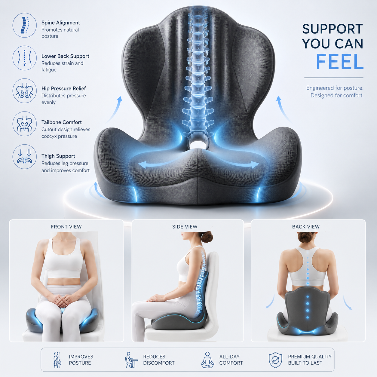 🪑 Ergonomic Memory Foam Seat Cushion — Comfort & Back Support for Office, Car & Daily Sitting thumbnail 8