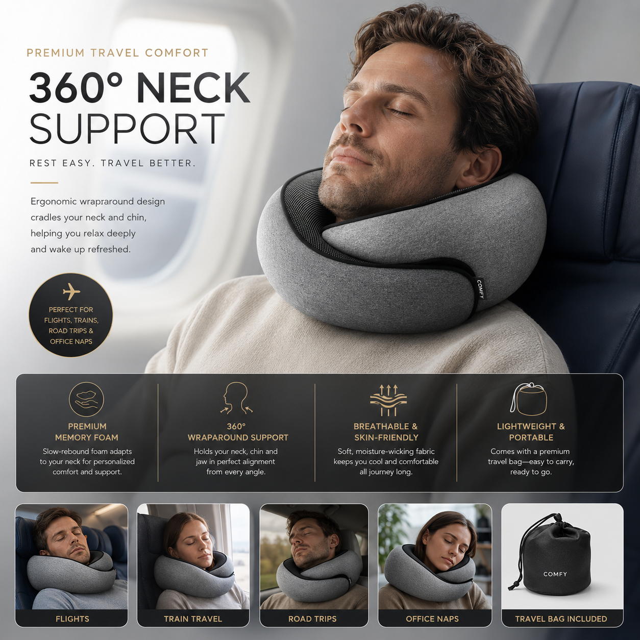 ✈️ Memory Foam Travel Neck Pillow — Soft U-Shaped Support for Flights, Car Rides & Office Naps - Image 1