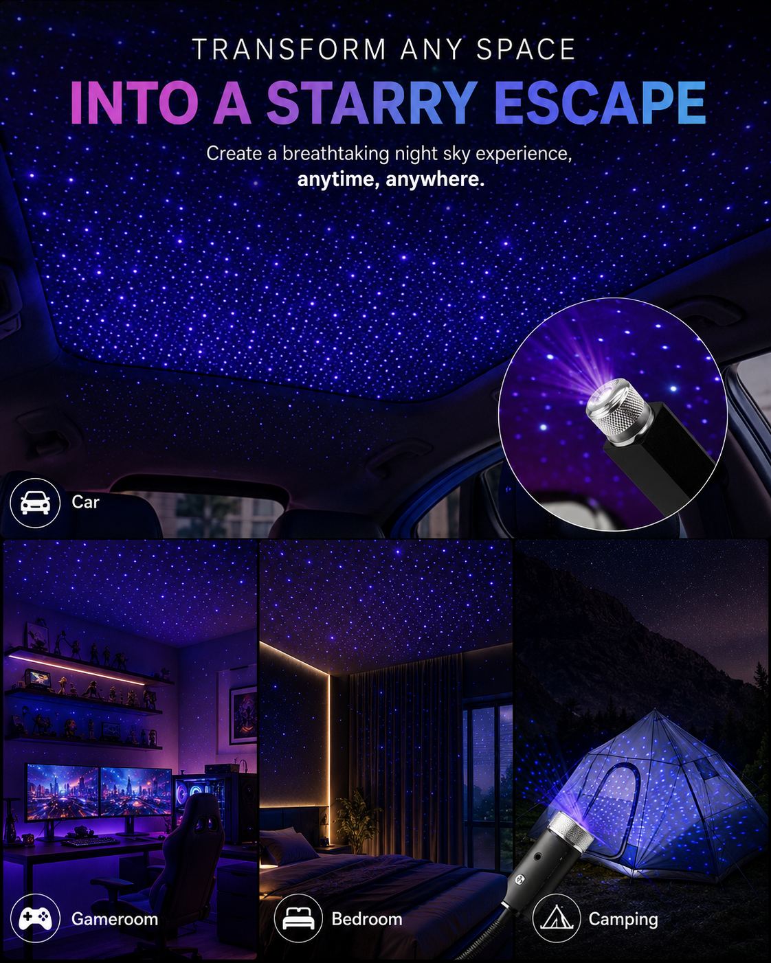 ✨ Mini LED Galaxy Star Projector — USB Car Roof Night Light for Car, Room & Ceiling Decor thumbnail 3