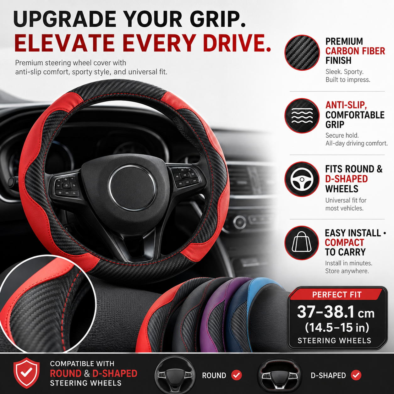 🖤 Luxury Carbon Fiber Steering Wheel Cover — Sleek PU Leather Grip for a Sporty Premium Drive - Image 1