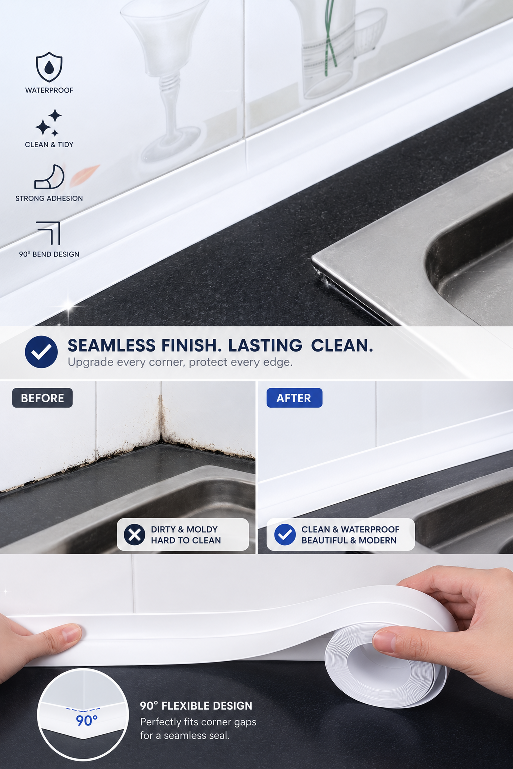 💧 Waterproof PVC Sealing Tape — Self-Adhesive Sink & Bathroom Edge Strip for Clean, Leak-Proof Corners thumbnail 13