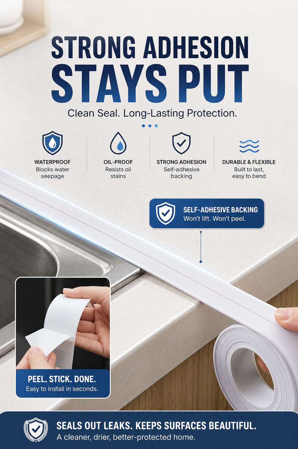 💧 Waterproof PVC Sealing Tape — Self-Adhesive Sink & Bathroom Edge Strip for Clean, Leak-Proof Corners thumbnail 5