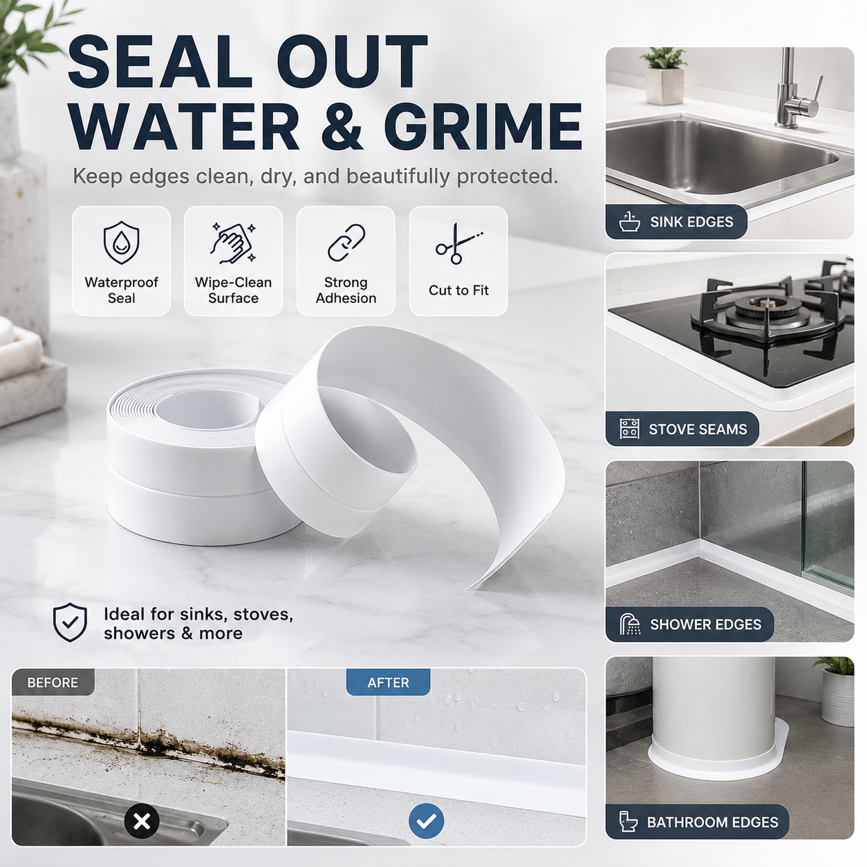 💧 Waterproof PVC Sealing Tape — Self-Adhesive Sink & Bathroom Edge Strip for Clean, Leak-Proof Corners - Image 1