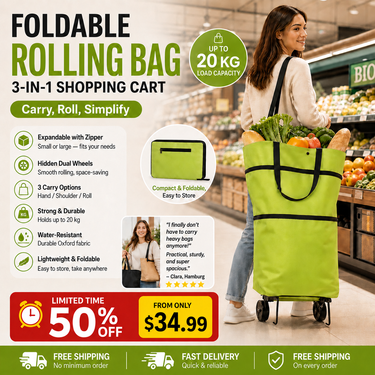 💥SUMMER SALE – 50% OFF ENDS SOON! 🛍️✨ Convertible shopping tote – hides wheels, holds 20kg, expands with zipper! 🏆🏆 - Image 1