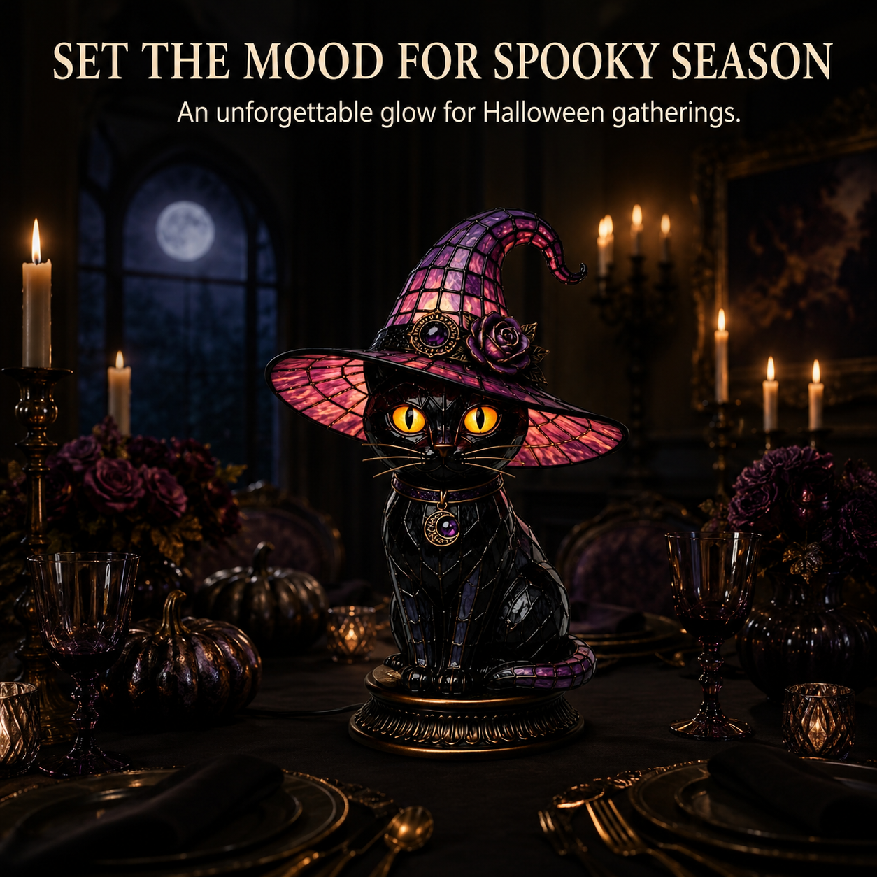 💥 50% off! 🔥Gothic Halloween Witch and Cat Table Lamp🐈 thumbnail 7
