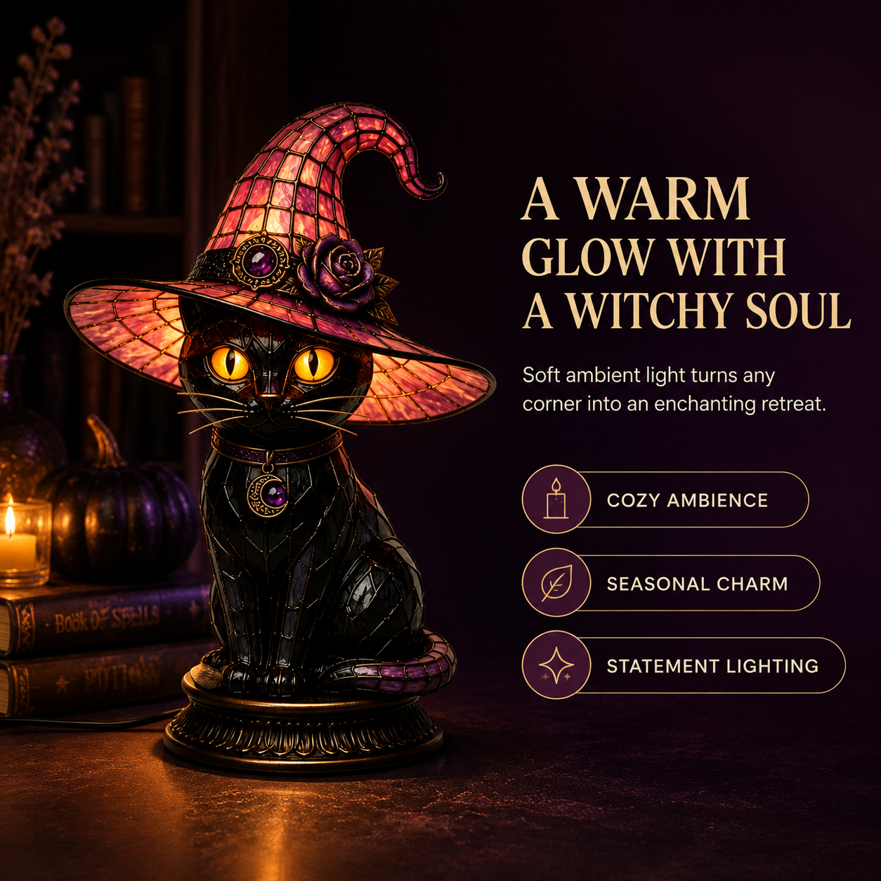 💥 50% off! 🔥Gothic Halloween Witch and Cat Table Lamp🐈 thumbnail 2