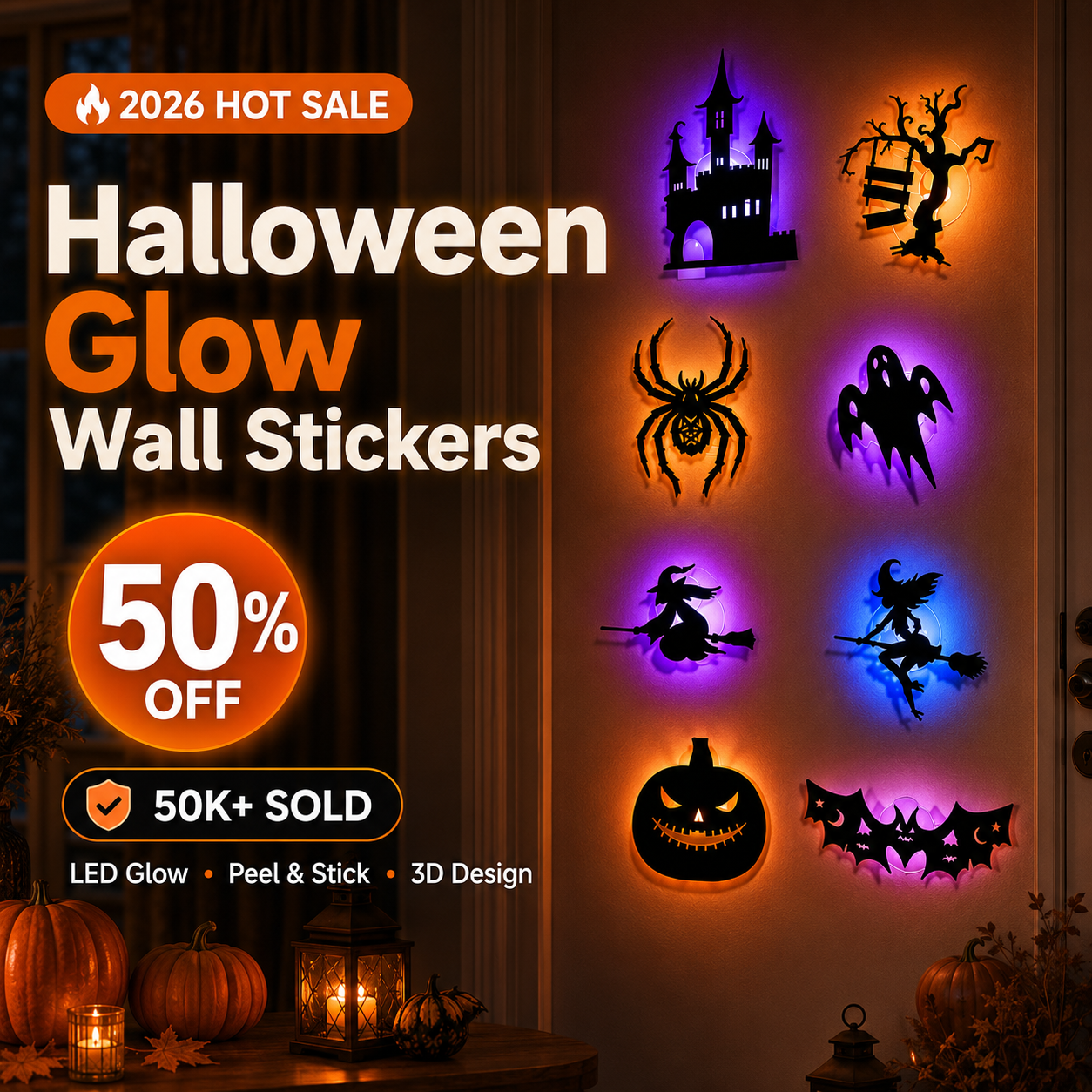 🥳2026 HOT SALE🥳💞50K+ SOLD!🎃👻 50% OFF! Halloween Glow in Dark Wall Stickers – LED glow, peel & stick, 3D silhouette - Image 1