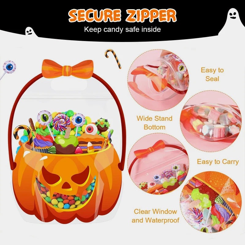 🎃Halloween Plastic Goodie Bags, Trick or Treat Candy Bags, Cauldron, Skeleton, Black Cat, Skull, Pumpkin Pattern Treat thumbnail 3