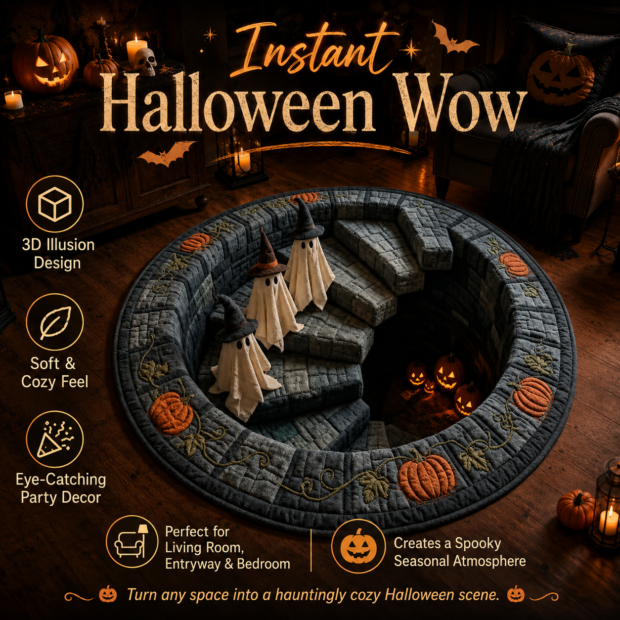 🔥 Last Day 60% OFF - 3D Haunted Staircase Round -Rug – Spooky Halloween Optical Illusion - Image 1