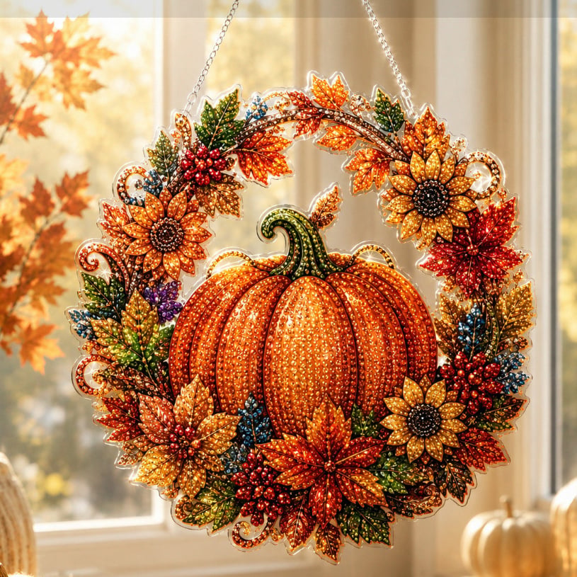 Pumpkin, sunflower, maple leaf and berry diamond painting wreath design