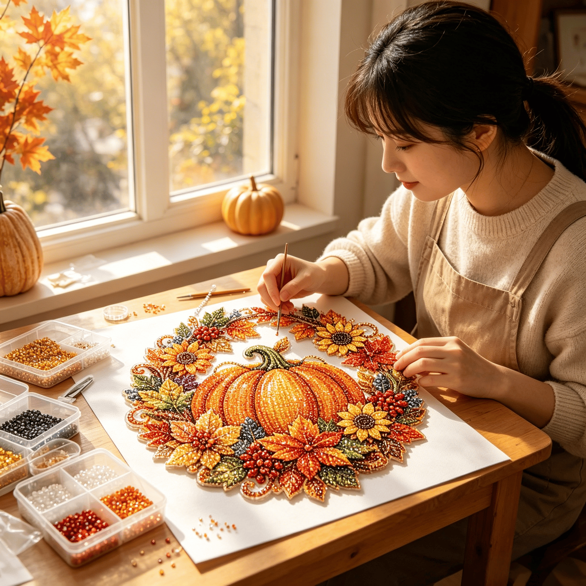 Tools and materials included with the autumn diamond painting wreath kit