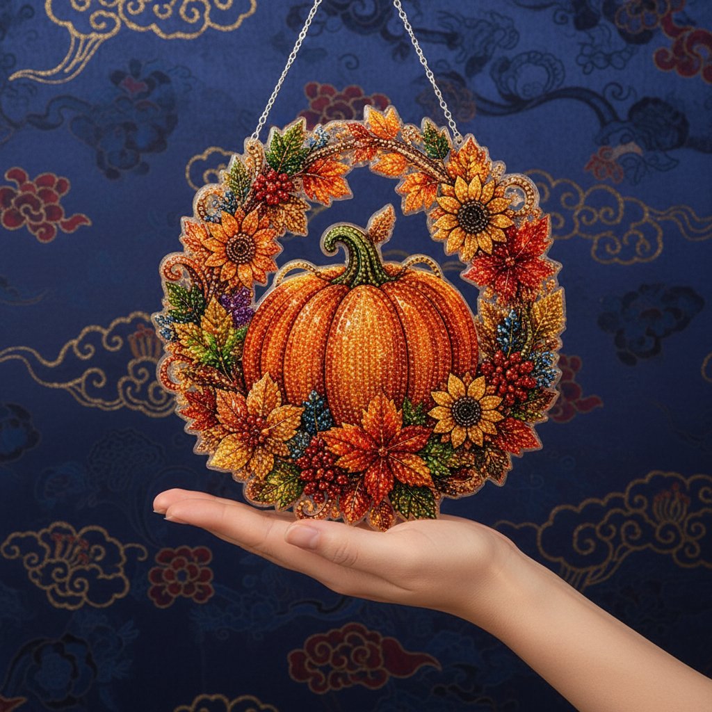Completed autumn pumpkin diamond painting wreath displayed in the home