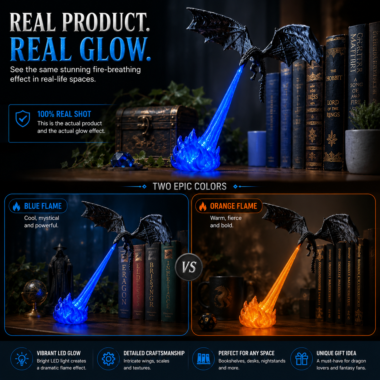 Fire breathing dragon display blue and orange LED flame effect