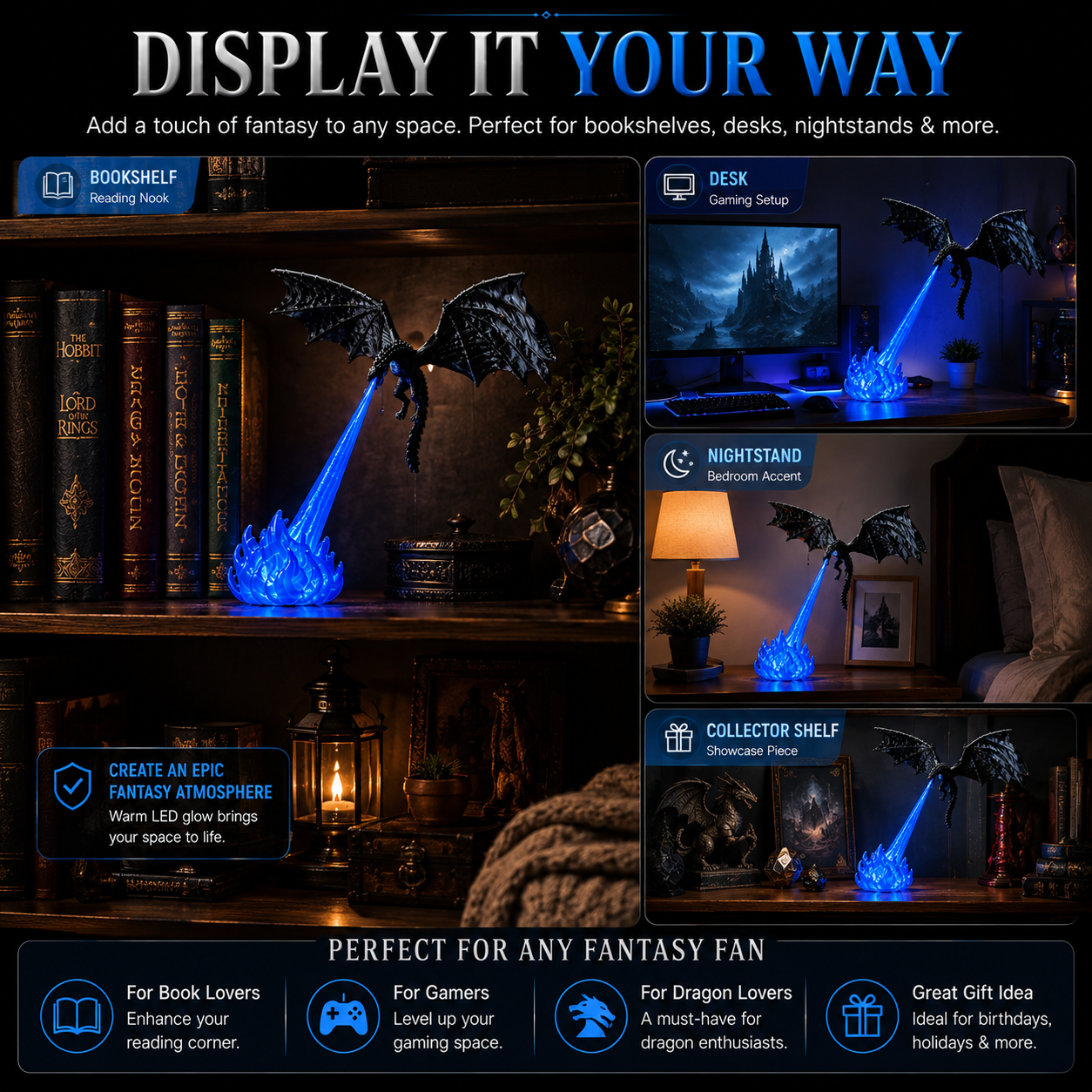 Dragon LED fantasy decor on bookshelf desk and nightstand