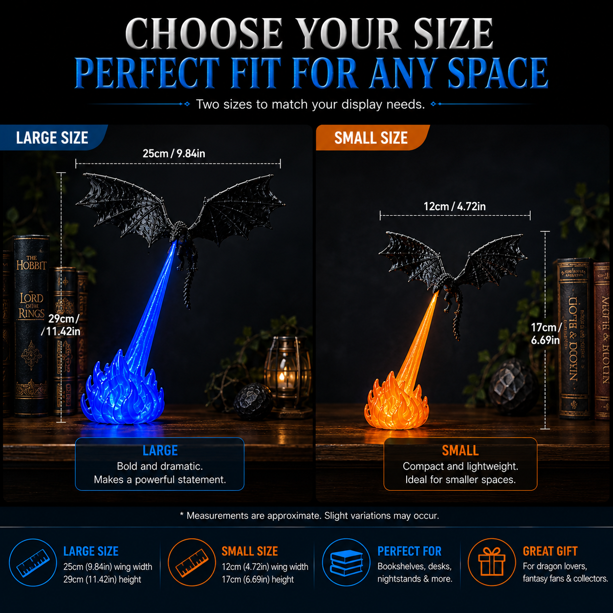 Large and small fire breathing dragon LED display size comparison