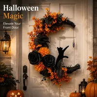 🔥Last Day 60% OFF - 🐈‍⬛🌙Gothic Cat Halloween Wreath | Floral Door Decor thumbnail 9