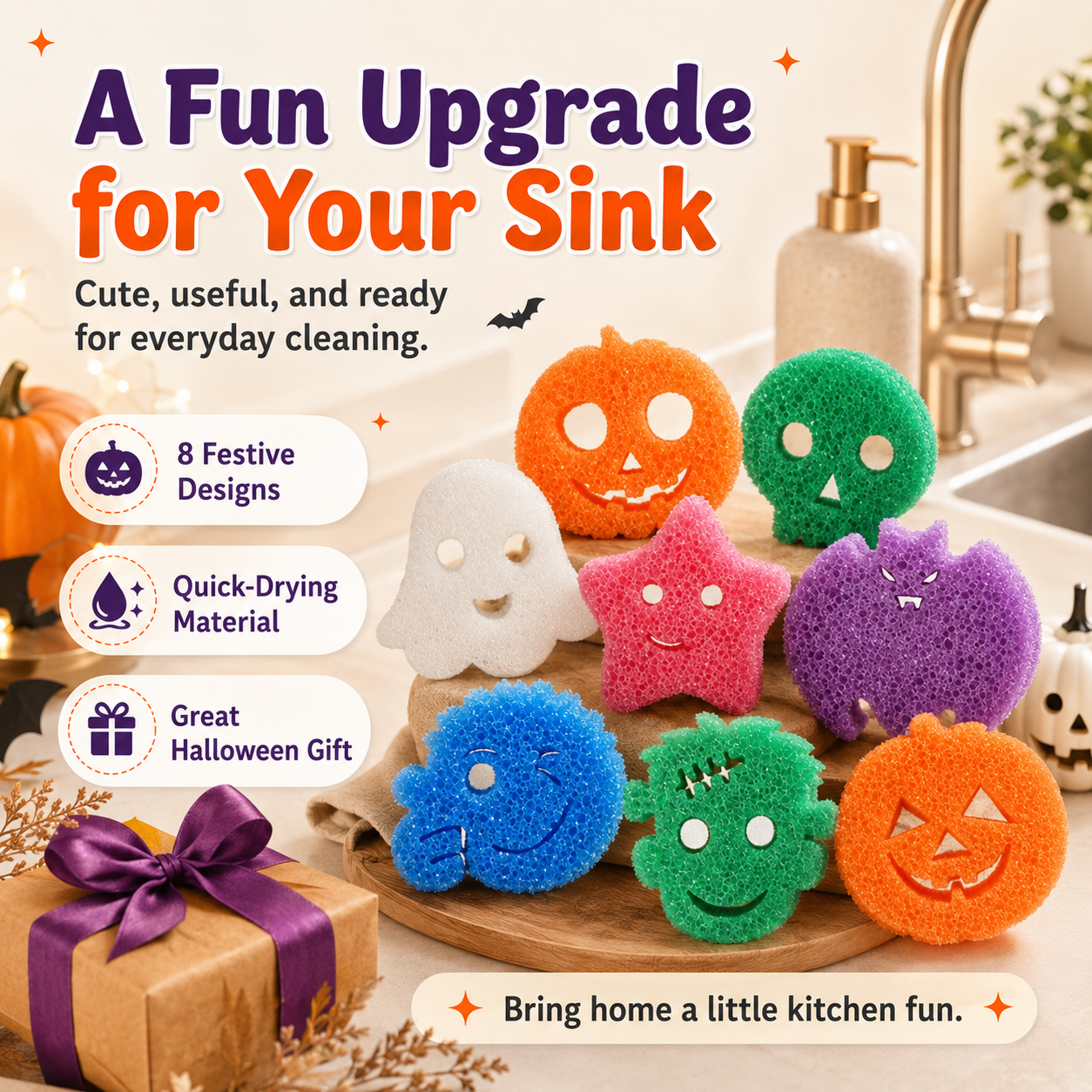 Colorful Halloween cleaning sponges beside a kitchen sink