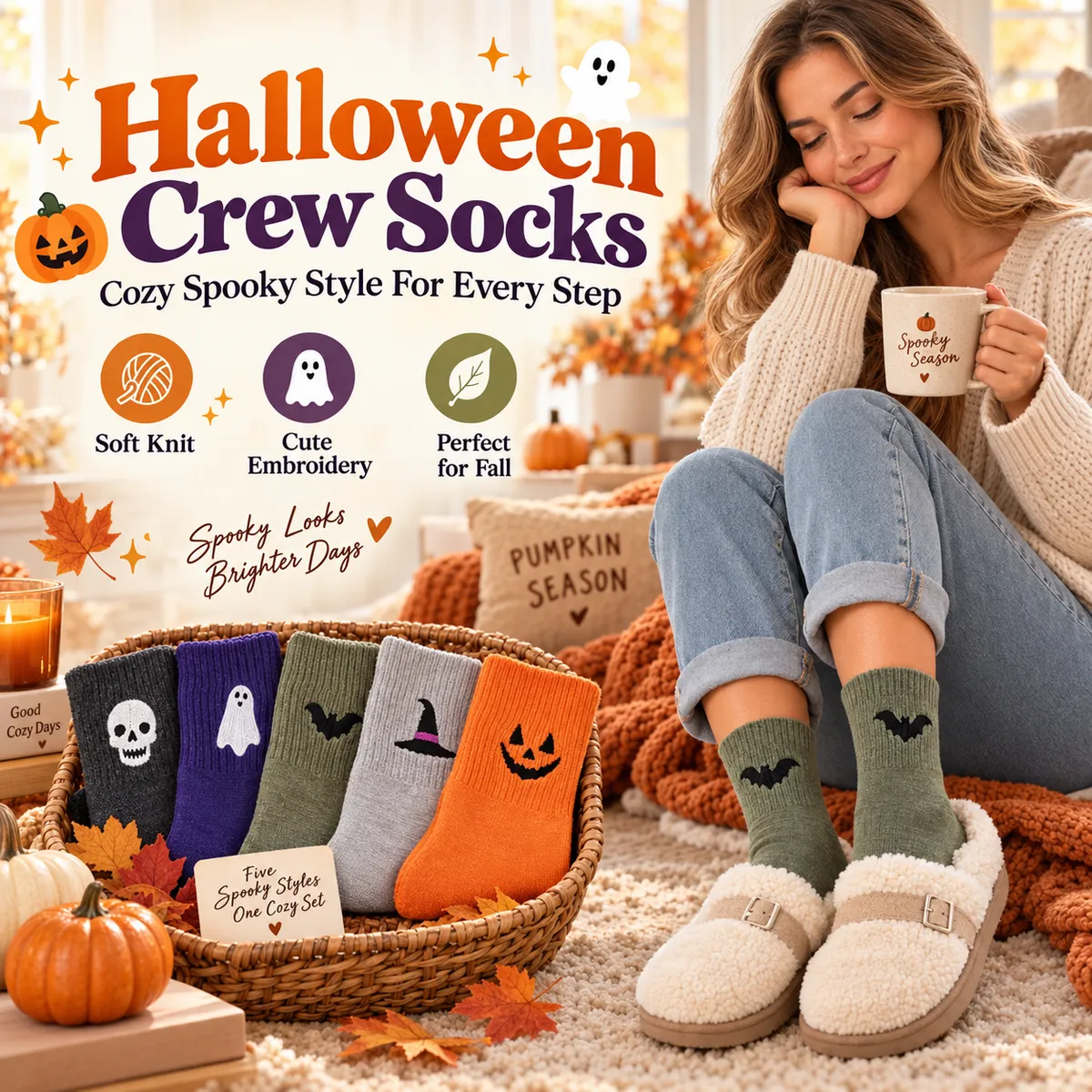 🎃 Halloween Embroidered Crew Socks - Image 1