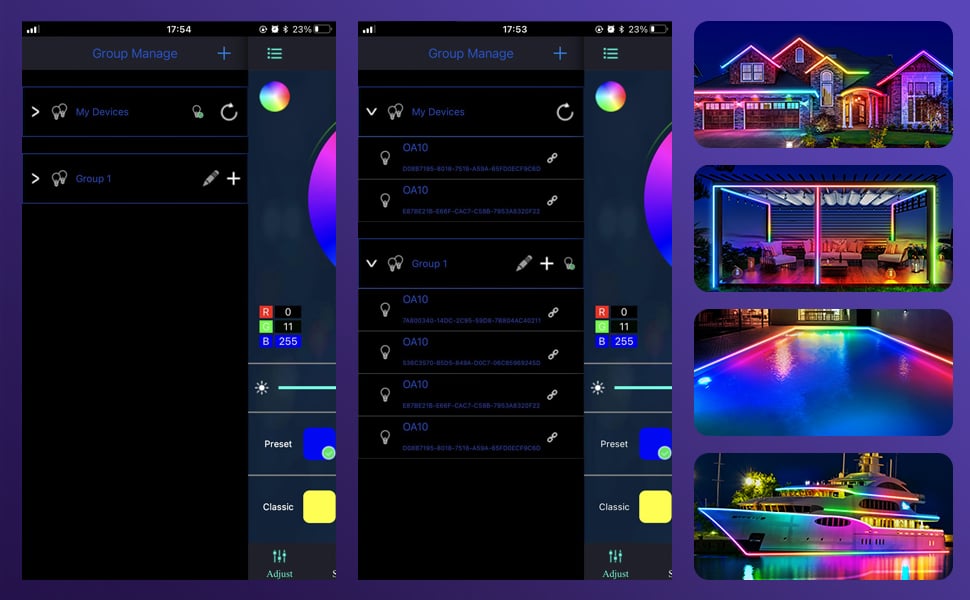 Smartphone app controls for outdoor permanent LED lights