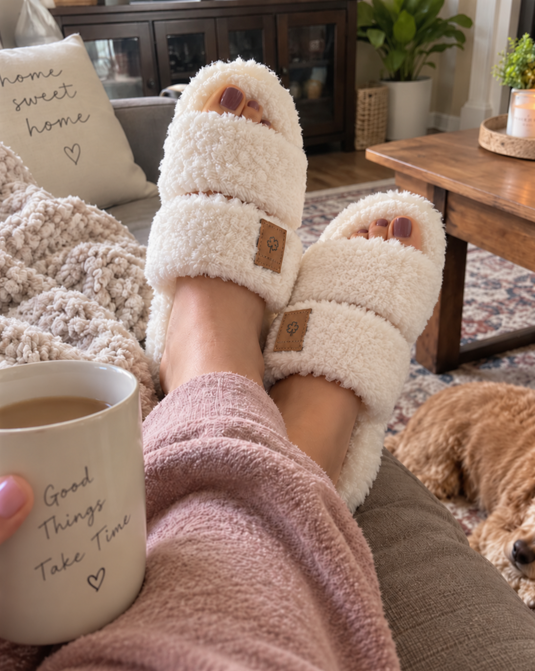 The New York Slipper in cream on the couch, two straps with leather tags, coffee in hand