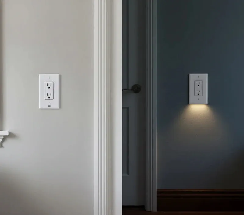 A comparison of LED outlet covers that are off during the day and automatically turn on at night.